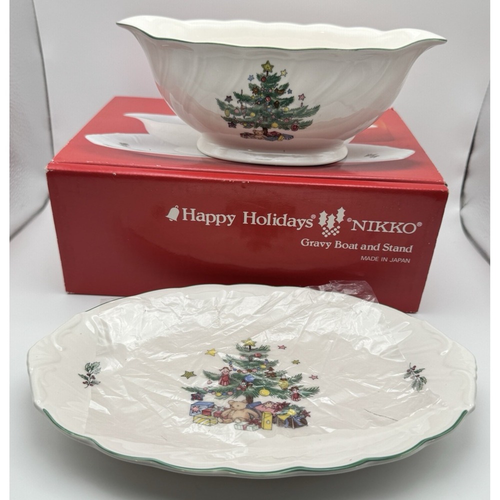Nikko Happy Holidays Gravy Boat + Stand Plate Christmas Tree in Box Never Used